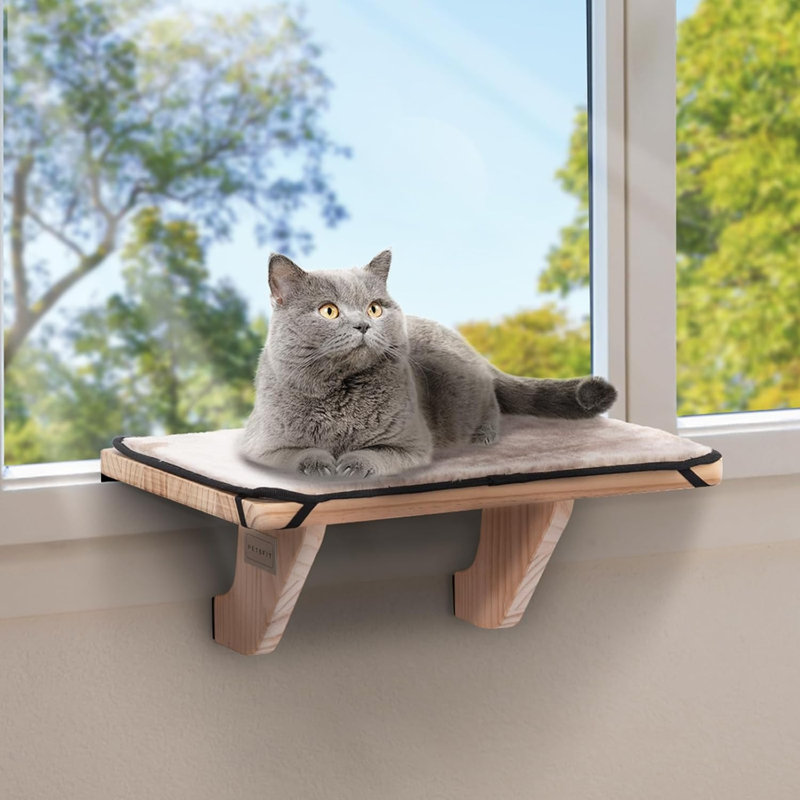 Perchoir de fenêtre pour chat, bois massif, tapis en molleton, tiroir de chevet pour fenêtre | Hamac pour chat en bois naturel, assemblage sans outil