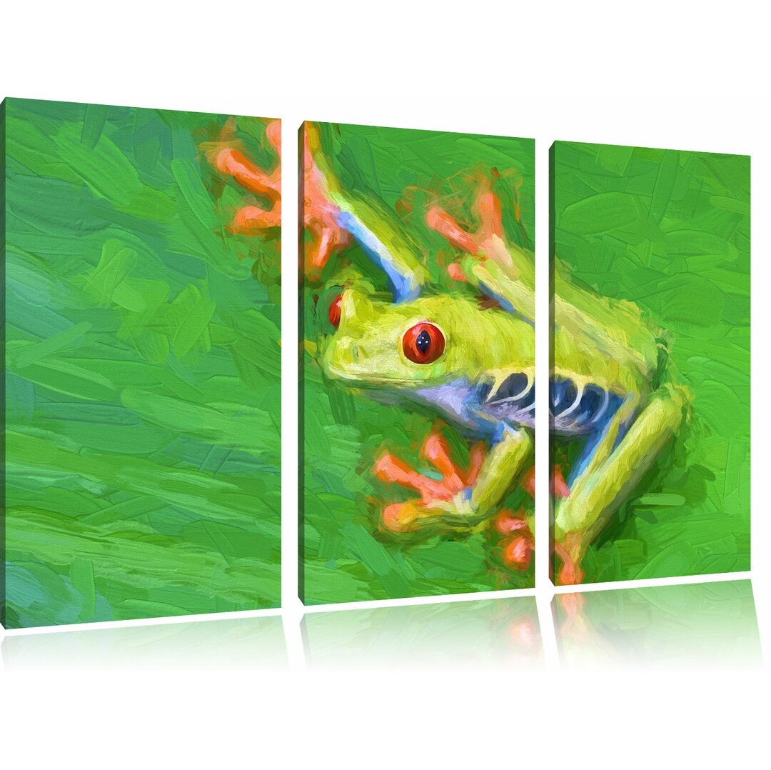 3-tlg. Leinwandbilder-Set „Kleiner grüner Frosch auf Blatt“, Grafikdruck