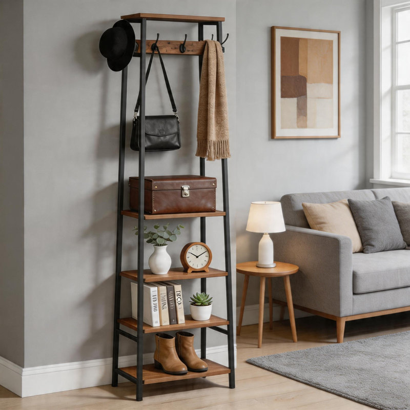 Floor-Standing Industrial Style Coat Rack, Retro Brown And Black Tone, Three-Tiered Storage With Seven Hooks, Suitable For Entryway And Bedroom Clothing Organization.