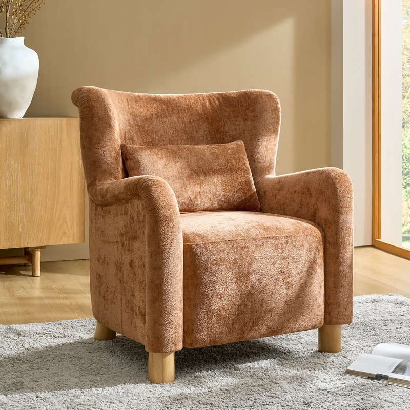 Walbert Modern Boucle Wingback Accent Chair with Pillow and Solid Wood Legs, Copper