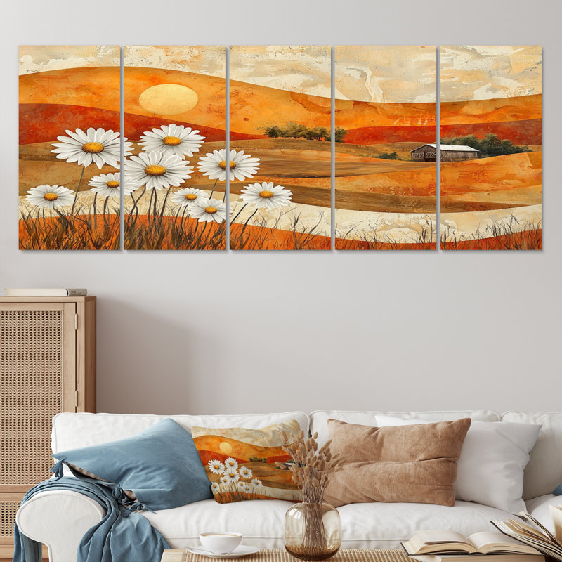 «Daisies Flowers Barn Bold Landscape I - Daisies Wall Art», ensemble de décorations murales traditionnelles, 5