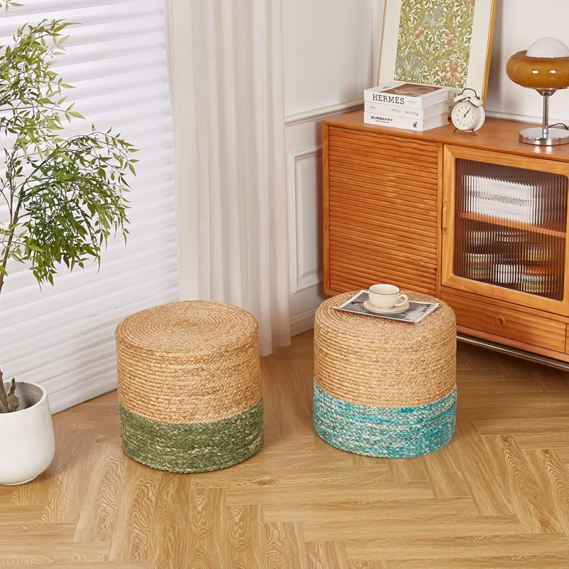 Upholstered Pouf, Natural/Blue