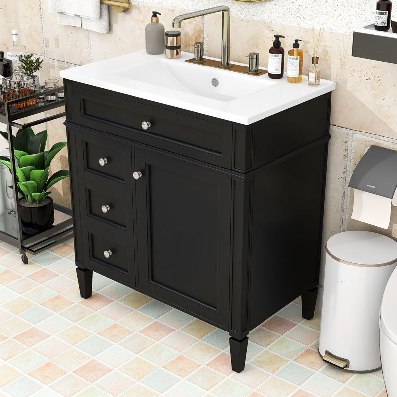 Modern Wooden Freestanding Single Bathroom Vanity with Ample Storage and Ceramic Sink, Black