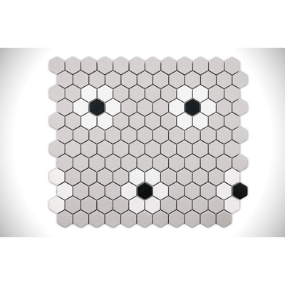 FLEUR BLANCHE ET GRISE AVEC MOSAIQUE DE PORCELAINE À POIS NOIR