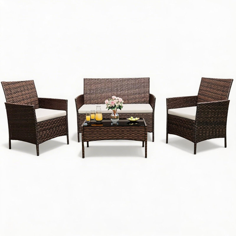 Ensemble de mobilier d'extérieur 4 pièces, ensemble de conversation en rotin avec table basse, beige brun, Beige, Brun