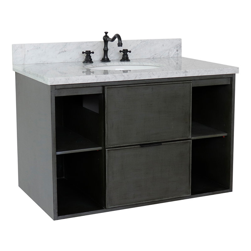 Meuble-lavabo mural simple 37 po, Marbre de Carrare blanc