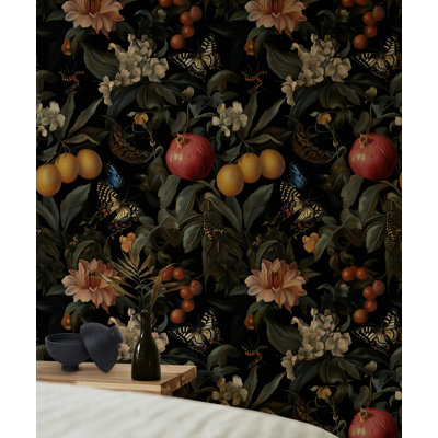 Midnight Botanical Oasis Wallpaper Dark Floral Fruit & Butterfly Haven Wall Mural