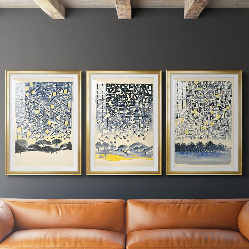 ABSTRACT Series DLxxvii - Impression encadrée sur mesure de qualité supérieure - 3 pièces, H 30 po x l 63 po, Doré