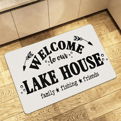 Off White Welcome To Our Lake House Fishing Print 24 x 36 inch Floor Mat Cabin Indoor Outdoor
