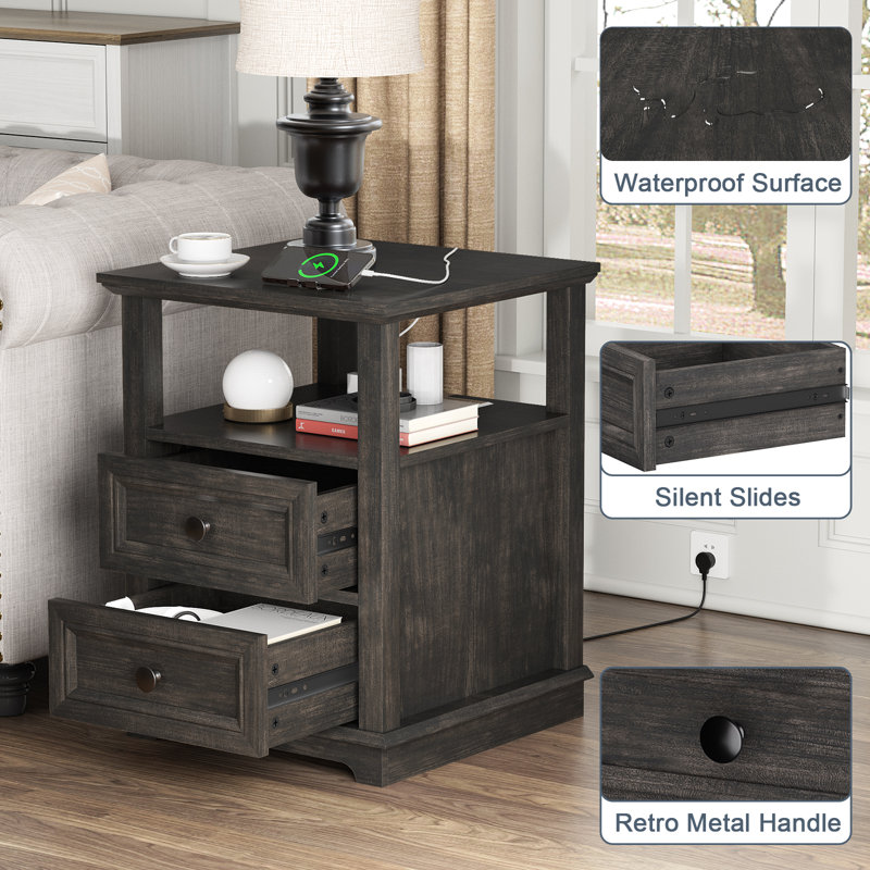 Azella Frame 2 End Table Set with Storage and Built-In Outlets, Black Top/Black Base