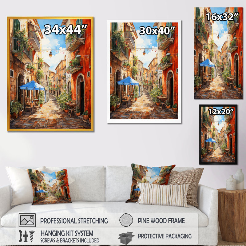 «Italian Village Essence 1», art mural Italie, H 20 po x l 12 po x P 1 po, Cadre flottant doré