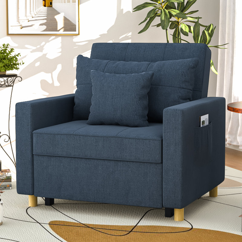 Heckman 40" Sleeper Chair,  3-in-1 Convertible Chair Bed, Navy 100% Linen