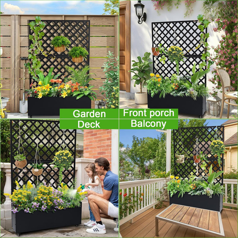 Metal Planter Box with Trellis Privacy Screen, Raised Garden Bed with/without Trellis & Wheels, Privacy Planters for Patio, Planter Box with Drainage Holes for Climbing Plants, Flower