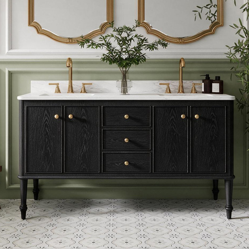 Ensemble de meuble-lavabo simple 60 po avec dessus évier Mable, dosseret, pieds en bois massif et panneaux de grain de bois 60 po