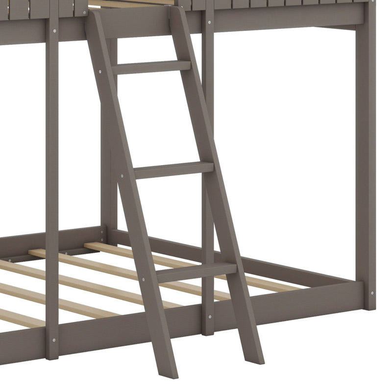 Wood Bunk Bed With Roof, Window, Guardrail, Ladder, Antique Gray