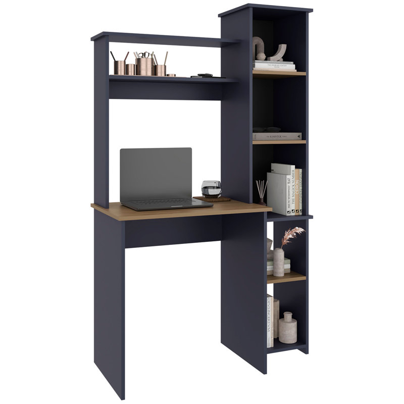 Bureau d'écriture Versalles, bureau de studio ou de bureau moderne, deux tablettes supérieures et cinq tablettes ouvertes latérales pour l'organisation de livres