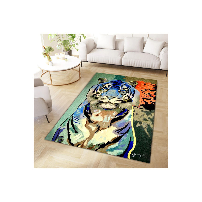 Tapis décoratif tigré à motif tigré bleu orange Northern Collection, Sous-tapis rectangulaire de 3 pi 3 po x 4 pi 11 po