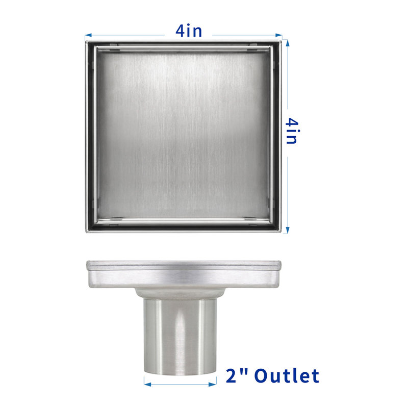 4 In. X 4 In. Stainless Steel Square Shower Drain With Tile-In Pattern Surface And PVC Drain Base