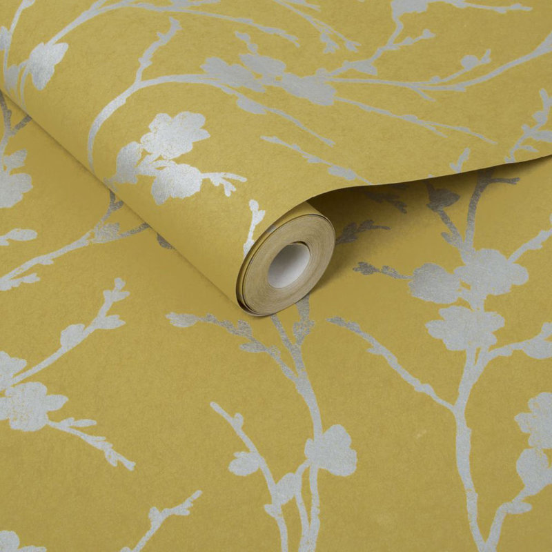 Meiying Floral Metallic Wallpaper Roll, Saffron