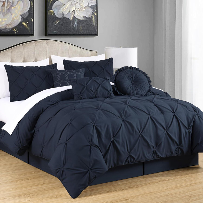 Ensemble d'édredon en microfibre 7 pièces Sydney Pintuck, Très grand édredon extra large + 6 pièces suppl, Bleu minuit