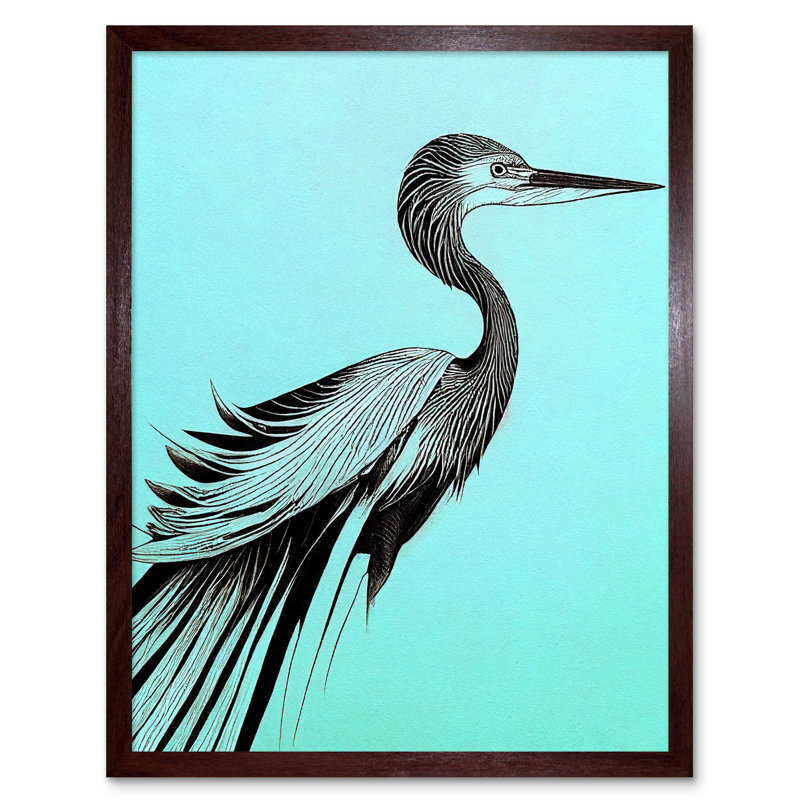 Heron Illustration Pen Ink Black Blue - Print, Brown Framed Unframed, 43cm H x 33cm W x 2cm D