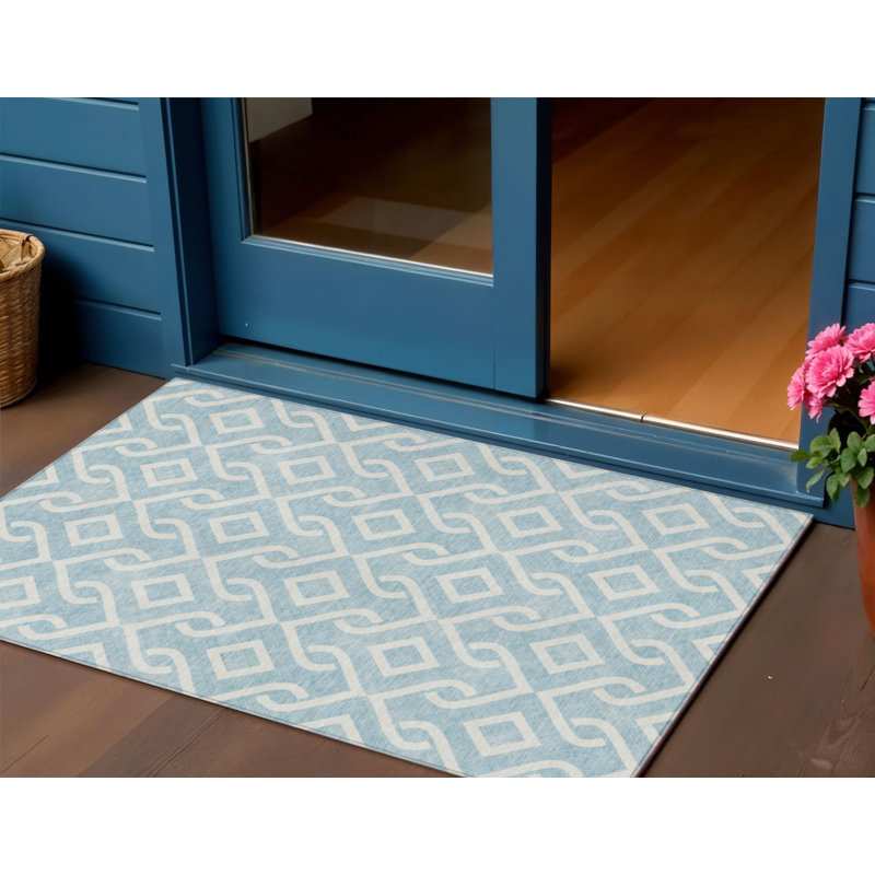 Tapis intérieur / extérieur lavable bleu ciel et ivoire 3 pi x 5 pi