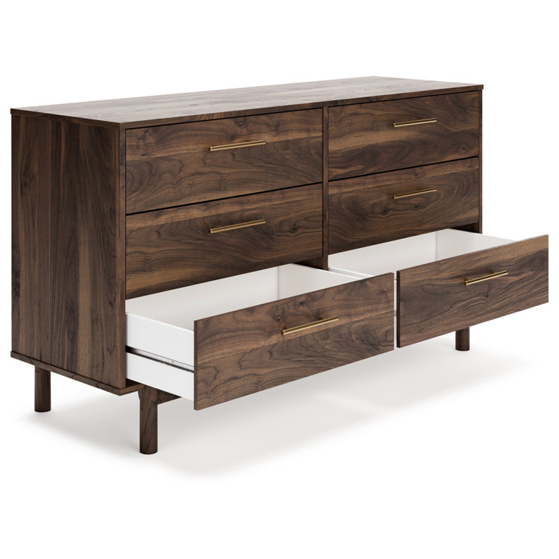 Dark Brown 6-Drawer Walnut Wood Dresser with Goldtone Handles