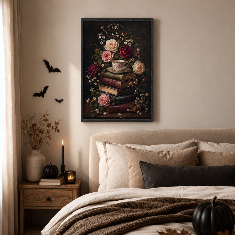 Roses roses et bourgogne avec livres empilés et art mural d'Halloween, 36"H x 24"W