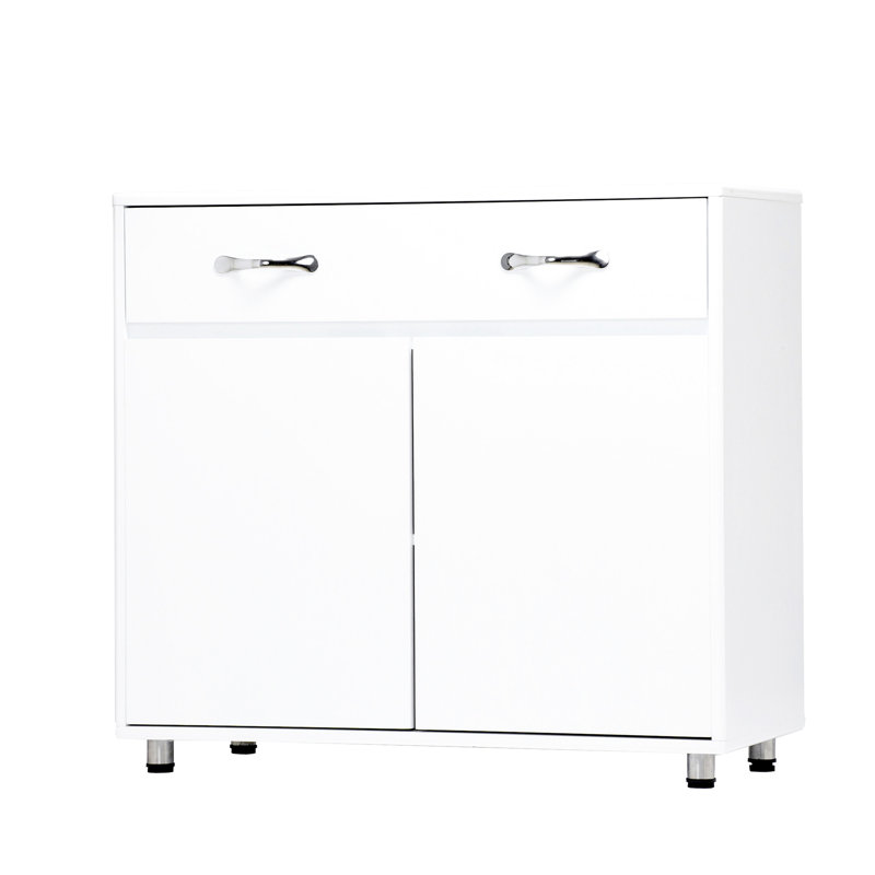 Table d'appoint à deux portes - Blanc: polyvalente pour diverses pièces. Peinture et E1 Degree. Apparence simple et élégante. Assemblage requis. Coffre-fort avec pieds en acier et coussins en caoutchouc. Coin rond à bord lisse