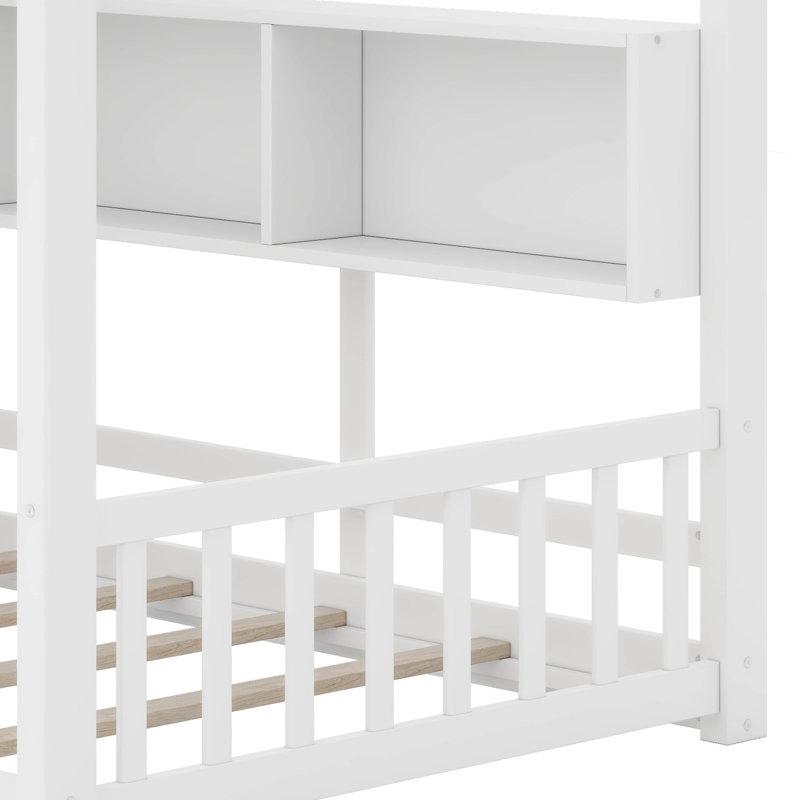 Conception de maisonnette avec tablette de rangement et base de lit en bois, Lit simple, Blanc