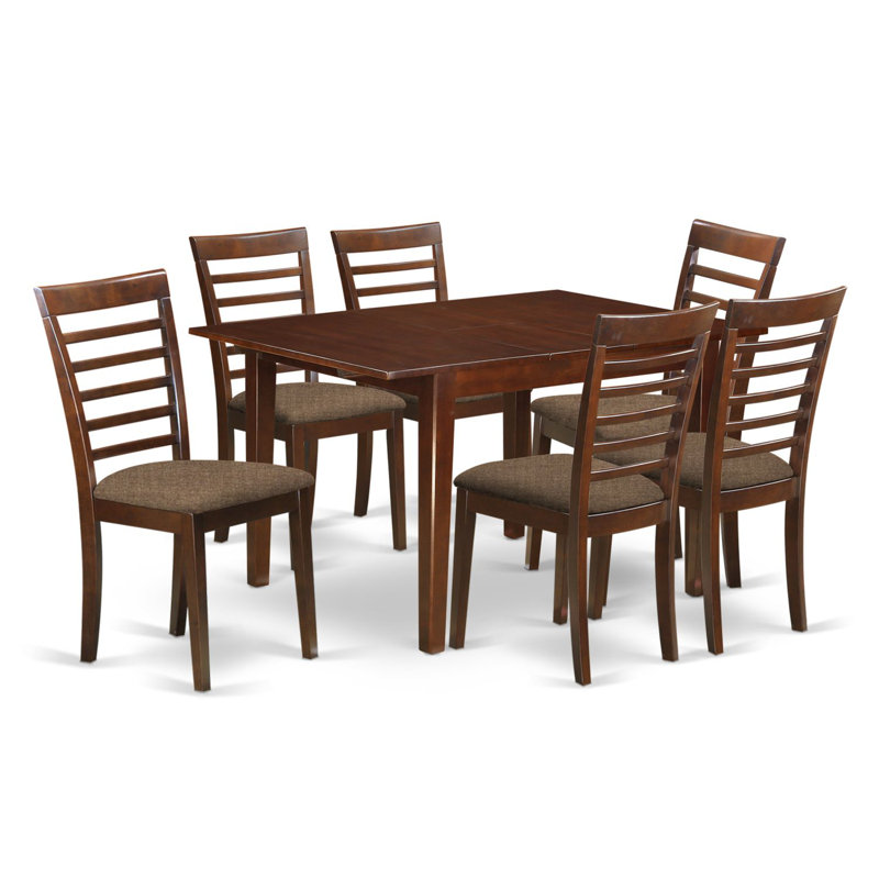 Ensemble de table de salle à manger 7 pièces composé d'une table rectangulaire avec rallonge papillon et 6 chaises de salle à manger en tissu de lin, acajou