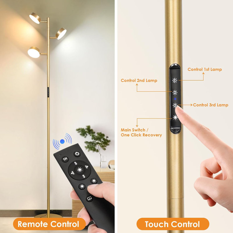 Modern Tree Floor Lamp, Dimmable With Remote & Touch Control, 3 Rotatable Lights, 4 Color Temperatures, Tall Standing Lamp