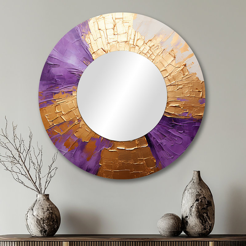 «Mahvannah» doré et mauve, motif lunaire «I», peinture murale abstraite, miroir rond beige, impression sur métal