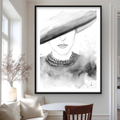 Mysterious Lady with a Hat - Gray Framed Matted Print Decor