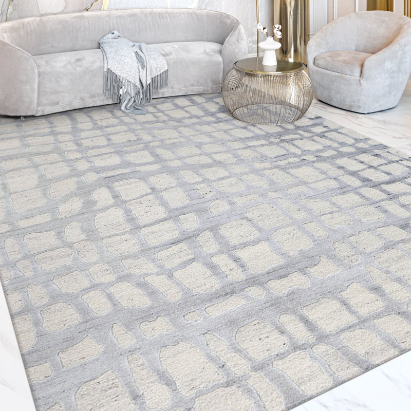 Tapis ivoire / gris noué à la main de haute qualité, Rectangle 8 pi x 10 pi