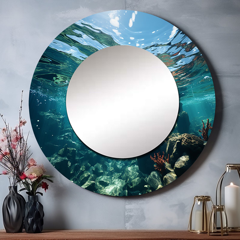Sabeh sarcelle océan majestueux sous l'eau - miroir unique océan, grand miroir mural rond bleu sarcelle, impression d'art en métal
