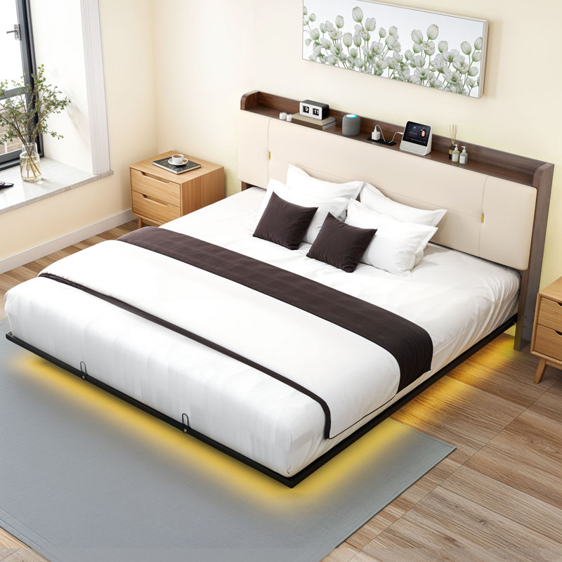 Lit plateforme tapissier avec rangement à DEL, Beige, Très grand