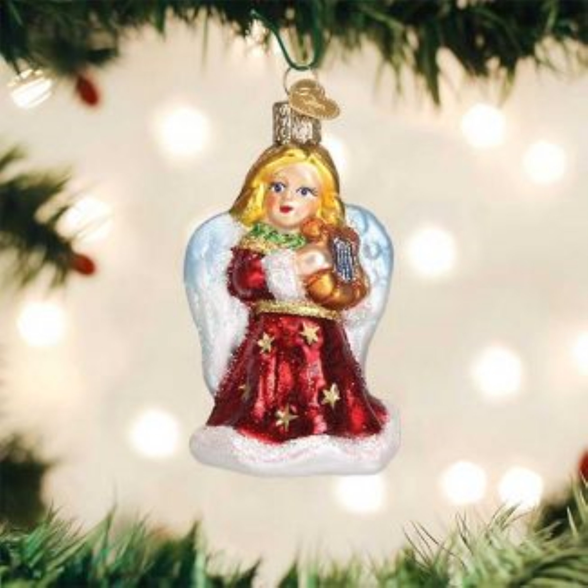 Old World Christmas Blown Glass Christmas Tree Red Angel Holding Lyre ...