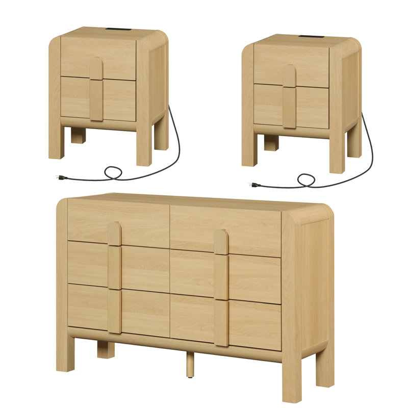 Ensemble de commode et de table de chevet 6 tiroirs Mid-Century, Chêne