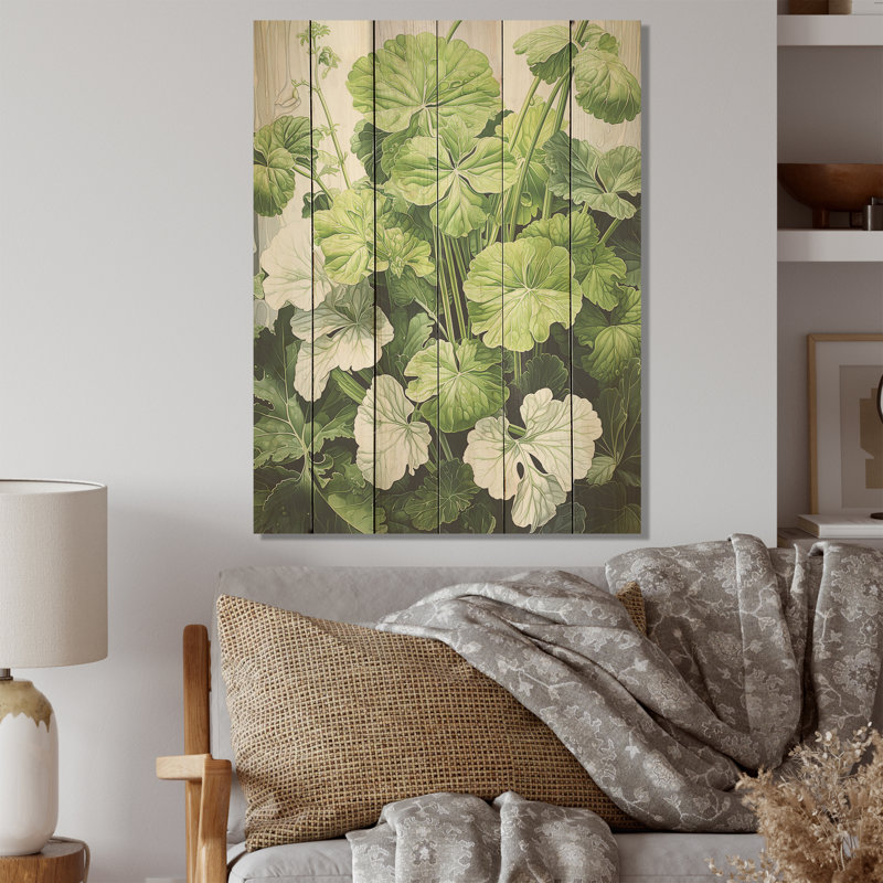 Minimalisme blanc et vert géraniums I - géraniums, art mural sur bois de pin naturel, H 20 po x l 10 po