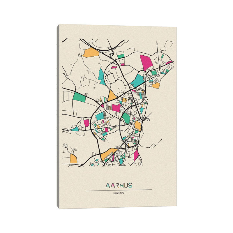 Aarhus, Denmark Map 1 Piece Wrapped Canvas Wall Art, 101.6 cm H x 66.04 cm W x 3.175 cm D