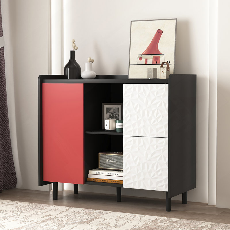 Buffet buffet, armoire de rangement noire avec portes rouges, 2 tiroirs au style de panneau unique