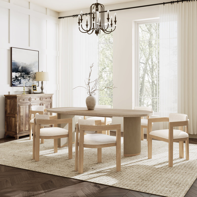 Maren Mid-Century Modern Dining Set With Fluted Pedestal Table And Upholstered Rubberwood Chairs