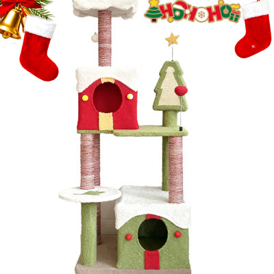 Arbre à chat de Noël de 137 cm (54 pouces) pour que les chats puissent jouer, grimper et dormir sur un matériau doux. Tour de 137 cm (54 pouces) avec des niches spacieuses pour satisfaire leur instinct naturel.