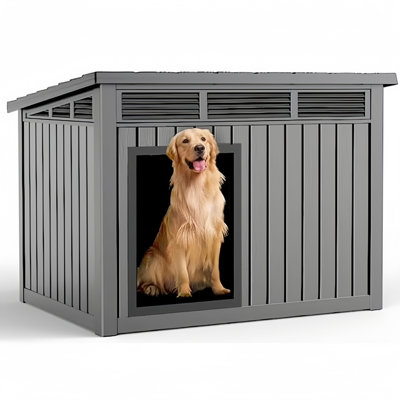 Yardgrace All-weather Resin Dog House With Gas Strut Lift Roof, Sloped Roof Design