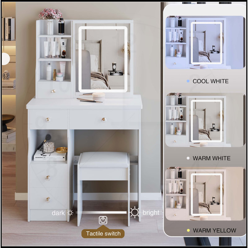Table de coiffeuse compacte avec miroir à DEL de pointe et grand espace de rangement, Blanc