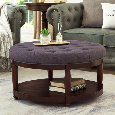 Grande table basse ronde avec repose-pieds rembourré en lin capitonné, grand repose-pieds avec rangement en bois - gris foncé