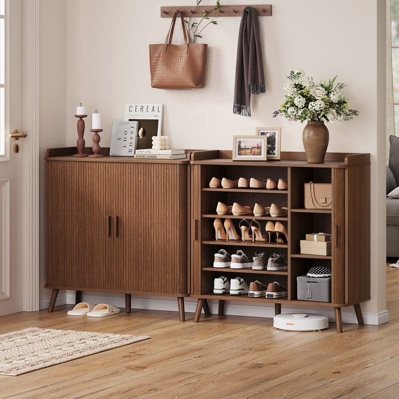 24 Pair Shoe Storage Cabinet With Sliding Doors And Adjustable Shelves, Walnut