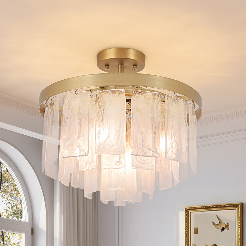 Convertible 5-Light Handmade Cloud Ice Glass Waterfall Tiered Semi-Flush Chandelier 
