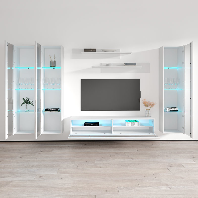 120" Modern Floating Wall Mounted Entertainment Center with 16-Color LED Lighting, High Gloss Finish, White